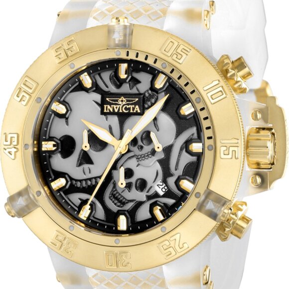 Invicta Men 50mm Subaqua Noma III Quartz Chronograph SKULL DIAL Gold/White Watch - Picture 1 of 3